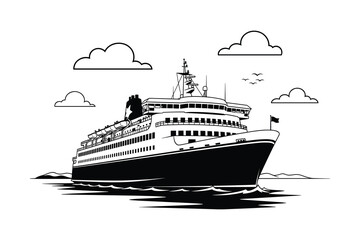 Fototapeta premium Cruise ship sailing ocean black and white illustration