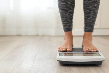 Woman standing on a digital scale, checking her weight at home. Concept of diet, fitness, and healthy lifestyle