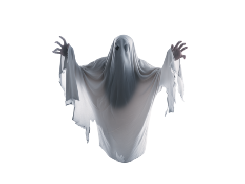 Translucent ghostly figure with flowing white garment on transparent background