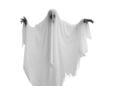 Spectral figure with translucent white fabric and dark skeletal hands on transparent background