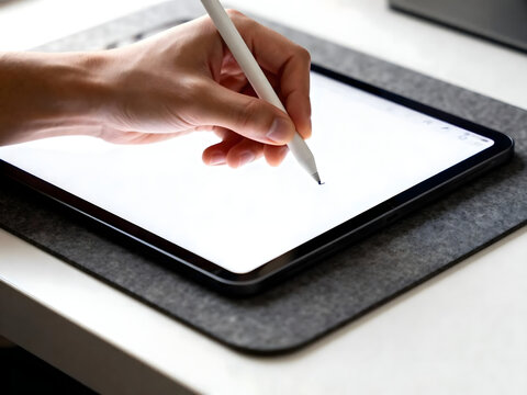 A hand holds a stylus, drawing or writing on a bright digital tablet screen resting on a gray felt pad. - Powered by Adobe