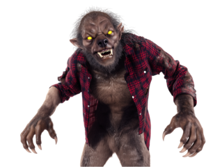 Otherworldly creature with human and wolf-like features, glowing yellow eyes, and clawed hands, wearing a red and black plaid shirt, isolated on transparent background