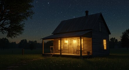 Rustic wooden cottage illuminated with warm light on a starry night, featuring a porch 