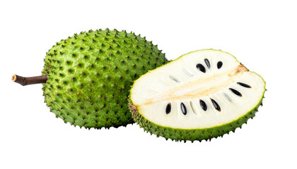 Two Soursop Fruits Bundle with Whole and Cut Variations isolated on transparent background.