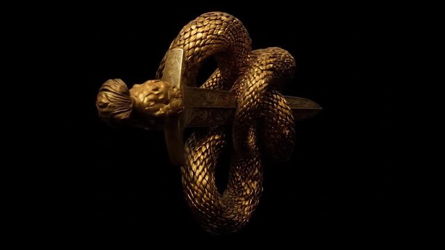Golden snake coiled around a dagger on a dark background