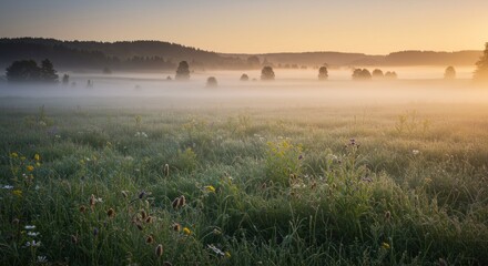 Lush green meadow covered in early morning mist, with wildflowers and grasses bathed in the warm glow of sunrise.