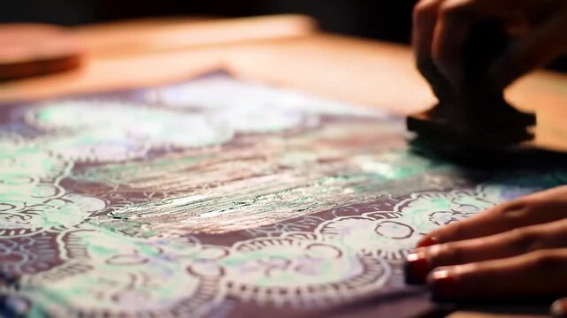 A detailed view of an artisan's hands engaged in the traditional art of block printing, meticulously creating an intricate pattern on a textile