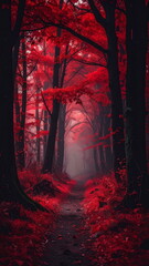 Atmospheric photo of a dark red forest, eerie lighting, and creepy surreal ambiance, evoking fantasy or horror vibes in a moody autumn landscape.