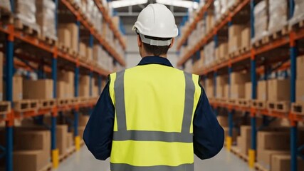 Dynamic Rear View: Worker in Safety Gear Walks Through Warehouse Aisle with Boxes, Supply Chain Operations - Powered by Adobe
