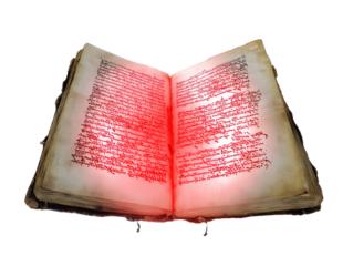 Open antique book with worn yellowed pages and reddish text on transparent background