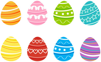 Eight colorful Easter eggs with various patterns
