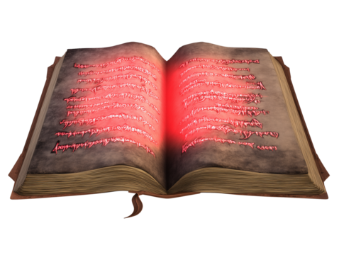 Antique book with weathered brown cover and red cursive text on transparent background