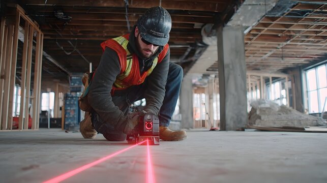 A construction worker kneels on a concrete floor inside a building under renovation, meticulously using a laser level to ensure accurate measurements and alignment for the project's structural...