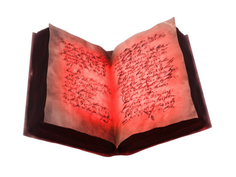 Vintage book with dark binding and handwritten text on transparent background