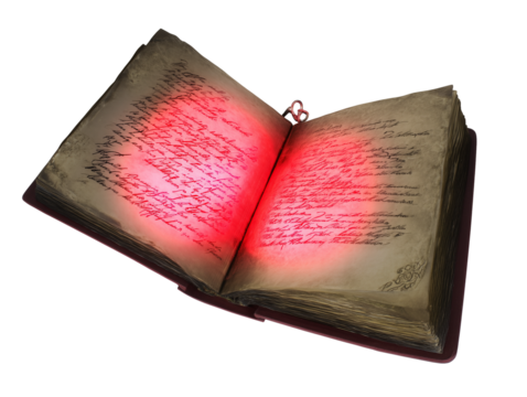 Open book with handwritten text on transparent background