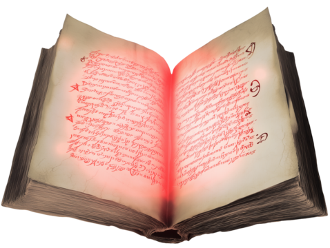 Vintage book with red cursive script on cream parchment, transparent background