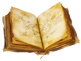 Open antique book with geometric and alchemical symbols on transparent background