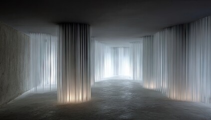Interior space defined by vertical flowing translucent curtains and atmospheric lighting