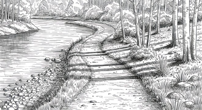 Detailed monochrome illustration shows a serene river scene meandering through a forest, with a path alongside, offering a peaceful view of nature, shadows, and textured strokes that bring out the...