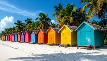 Colorful wooden bungalows on a tropical beach with palm trees