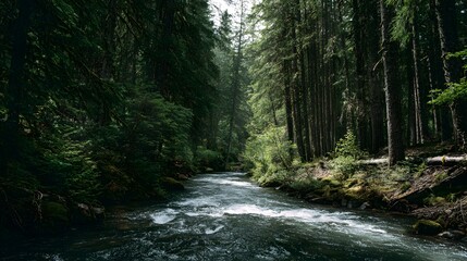 Obraz premium A scenic river flows rapidly through a dense forest, surrounded by tall, verdant trees with a moody, natural aesthetic.