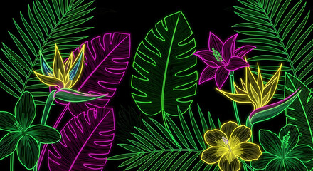 Neon Flora A Vibrant Digital Illustration of Exotic Tropical Flowers and Lush Greenery