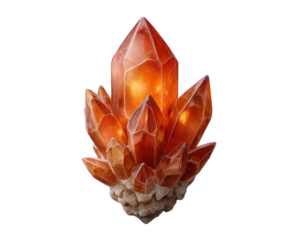 Glowing orange crystal cluster with fiery light, fantasy mineral object, sharp facets, magical energy, mystical artifact, isolated on transparency background