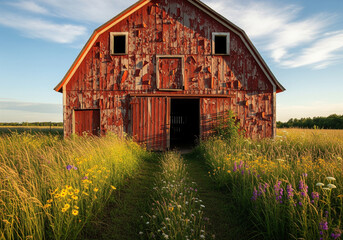 Obraz premium Rustic Red Barn with Peeling Paint in a Meadow.