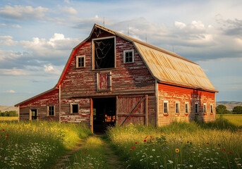 Obraz premium Weathered Red Barn with Open Doors in a Field.
