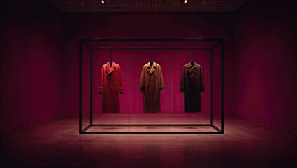 Three trench coats displayed in a square frame within a magenta-lit gallery space