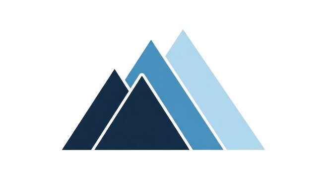 Geometric illustration showcases a set of layered triangles in varying shades of blue, evoking a sense of depth and dimension against a pristine white background, suitable for abstract concepts and...