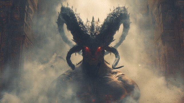 Powerful figure with large horns, menacing red eyes, and a grim expression stands amidst swirling fog, exuding an aura of darkness within an ancient stone environment, showcasing dramatic lighting...