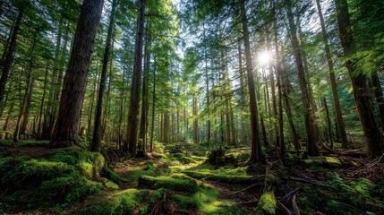 Sunlight streams through a vibrant, lush forest, illuminating a moss-covered forest floor with a pathway leading into the distance, casting dappled light through the towering trees.