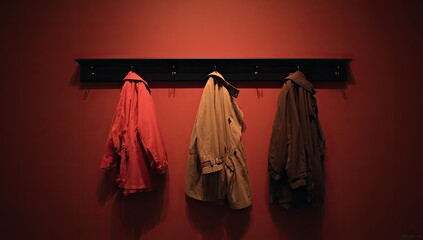 Three coats hang on a black rack against a red wall. The lighting creates strong shadows