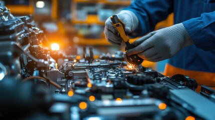 Mechanic Working with Tools on Automotive Engine in Workshop Setting