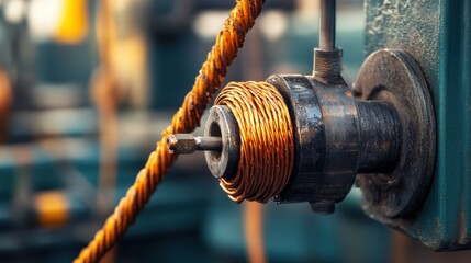 Close-Up of Copper Wire Coil on Machinery with Rusty Metal Components