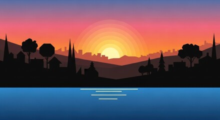 Obraz premium Vibrant sunset illustration showcasing a tranquil landscape with a silhouetted town, trees, and mountains reflected upon serene water with a stunning gradient sky, radiating warmth and serenity.