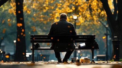 Solitary Man on Bench Surrounded by Autumn Leaves in Urban Park