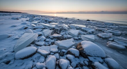 Coastal landscape presents a serene winter scene with snow-covered chunks of ice and rocks on a frozen shore, bathed in the soft glow of a dawn or dusk sky, offering a tranquil and cold environment.