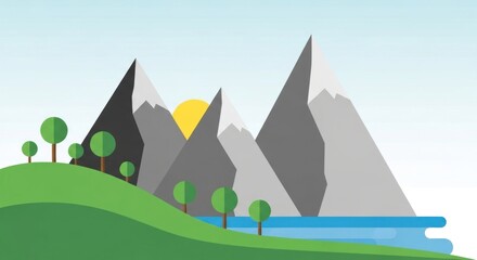 Majestic mountains dominate the landscape, complemented by green hills and trees, with a serene lake reflecting the soft glow of the setting sun against a pastel blue sky, creating a calming...