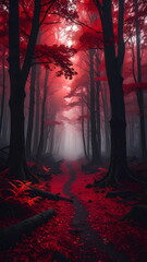 Atmospheric photo of a dark red forest, eerie lighting, and creepy surreal ambiance, evoking fantasy or horror vibes in a moody autumn landscape.