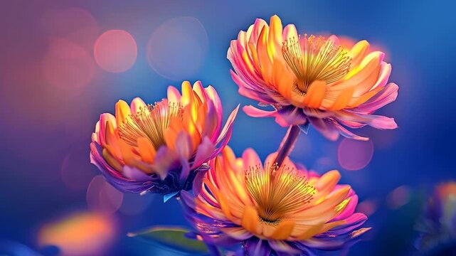 Vibrant colorful blooming flowers with bokeh background changing light, nature and spring concept footage.