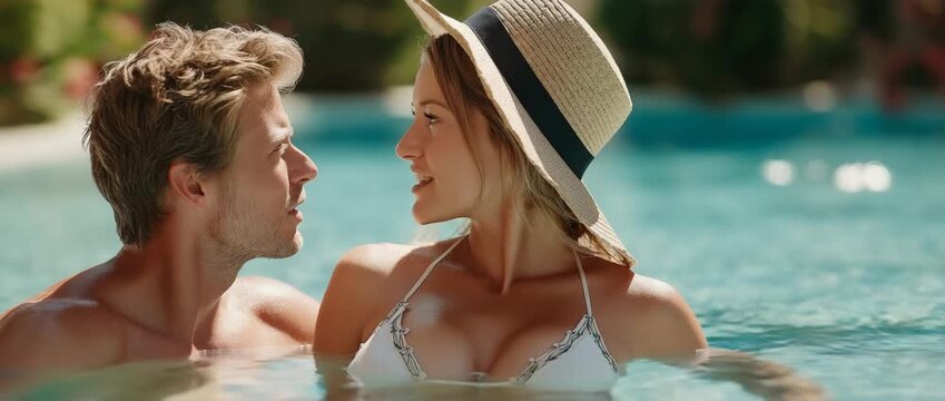 A youthful, expectant mother and her spouse at the swimming pool
