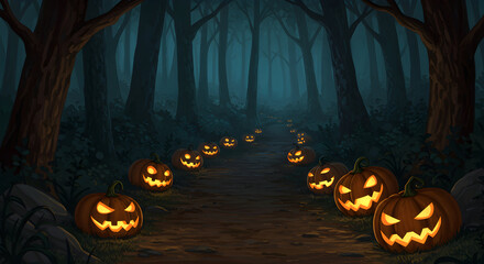 Glowing carved pumpkins line a dark forest path on halloween night. Perfect for seasonal and spookythemed designs.
