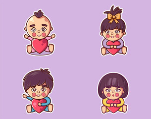 Four cute cartoon babies sitting and holding hearts