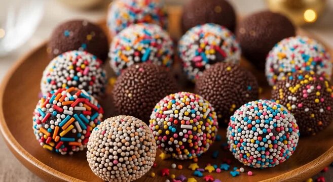 A wooden plate filled with chocolate brigadeiros covered in colorful sprinkles and chocolate