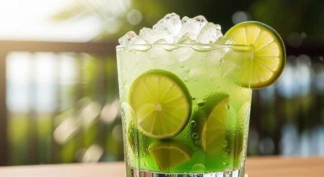 Close up of a caipirinha cocktail with lime slices and ice on a wooden surface outdoors