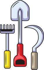 Garden tools shovel rake and sickle