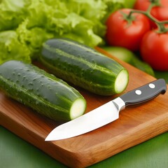 Fresh cucumbers, tomatoes, lettuce and knife on a wooden cutting board