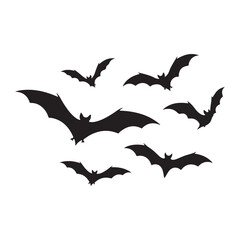 A flock of silhouetted bats in various flying poses against a stark white background creating a spooky halloween atmosphere